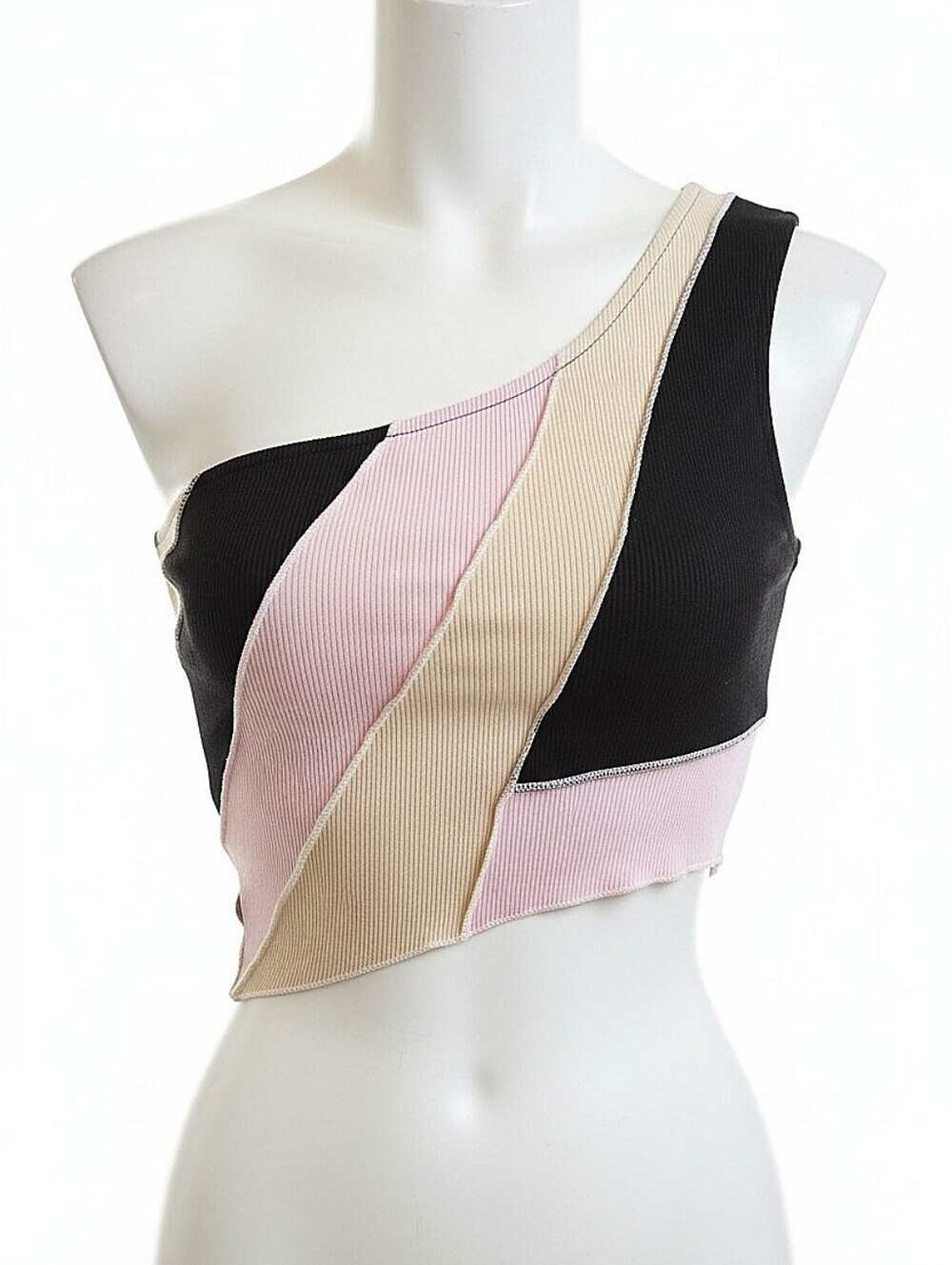 NWT! Blue Blush Asymmetrical One-Shoulder Cropped Top in Black, Pink & Beige